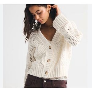 Abercrombie & Fitch Cream Chevron Pointelle Knit Button Front Cardigan Sweater L